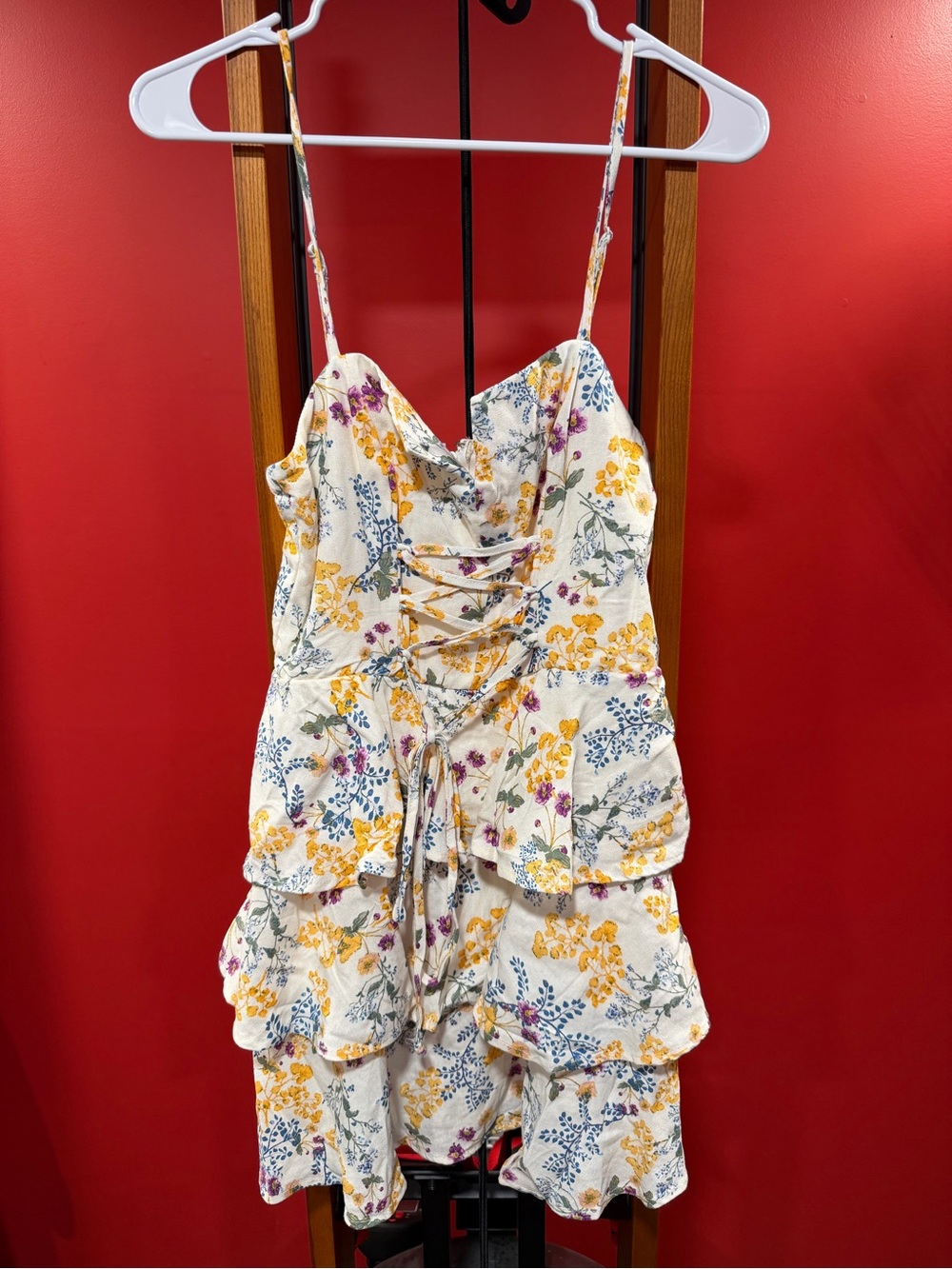Trixxi Floral Tiered Mini Dress Lace Up Front Cottagecore Size Medium - Picture 2 of 7